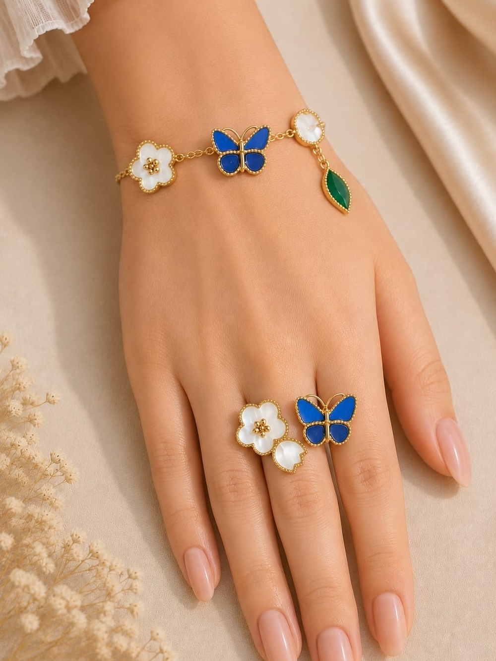 Delicate Butterfly & Flower Bracelet and Ring Set - Blue, White & Green